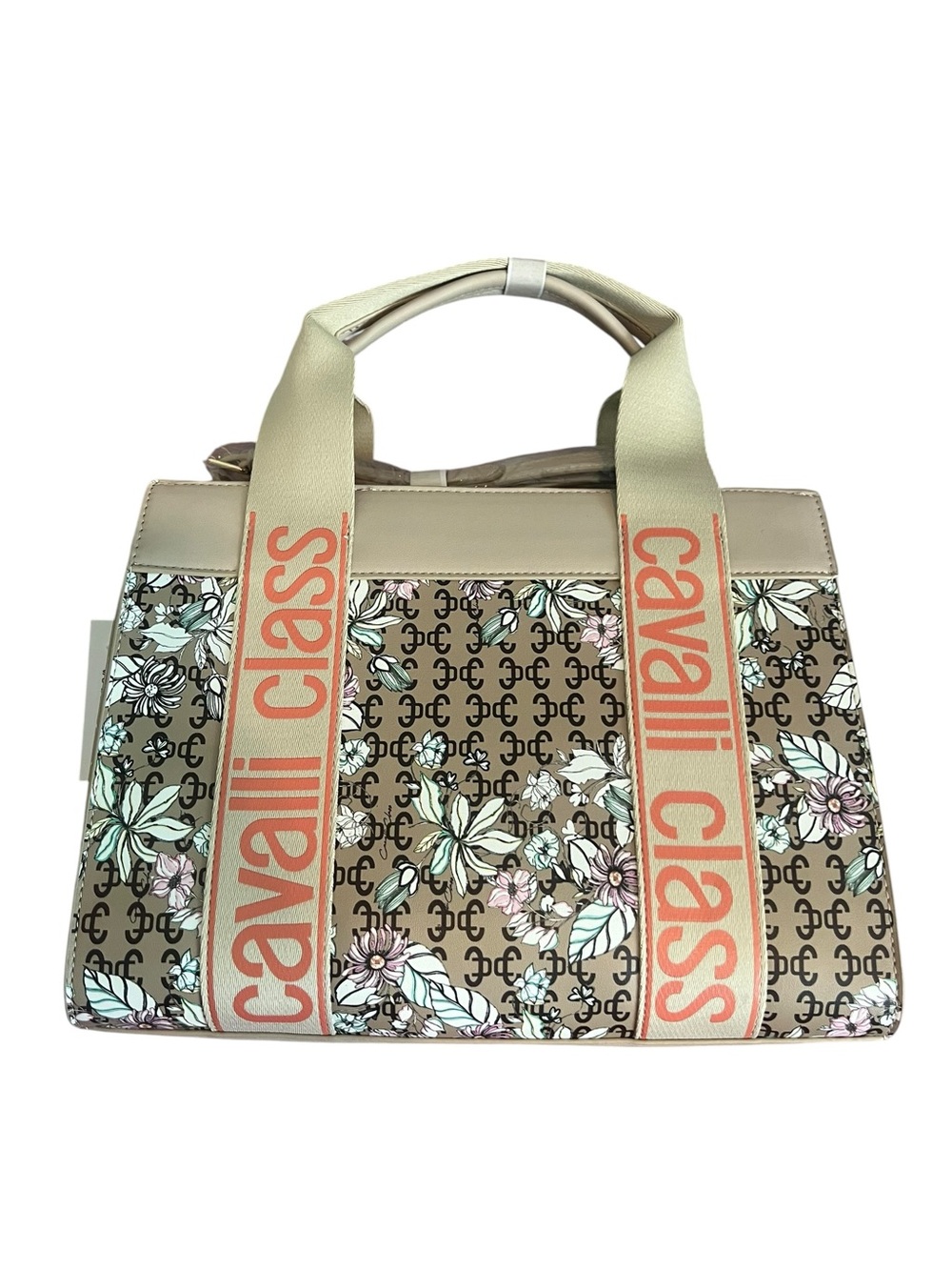 NWT Cavalli Class Serena Floral Logo Tote Bag Beige Cream - Picture 3 of 14